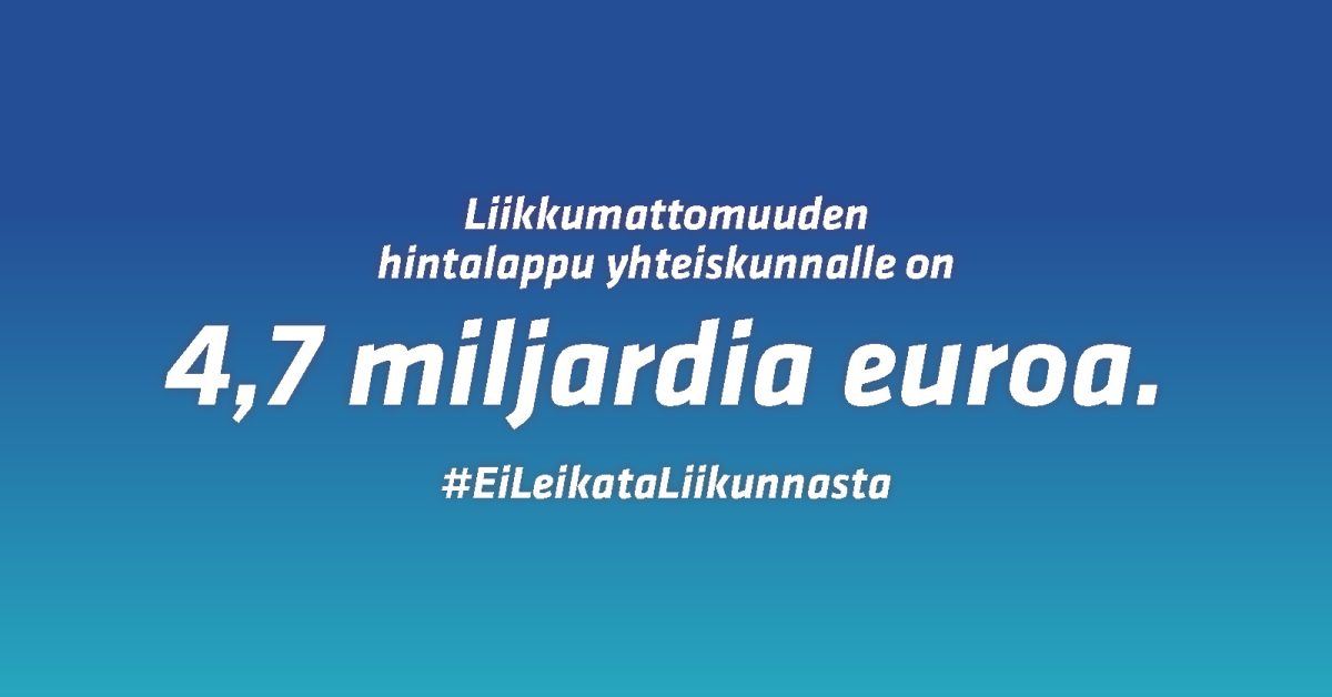 eileikataliikunnasta Liikkumattomuuden hintalappu yhteiskunnalle on 4,7 miljardia euroa. #eileikataliikunnasta